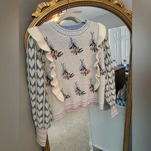 Floral Patterned Sweater with Ruffle Detail